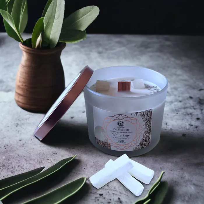 Bougie 'Purification' Sélénite-Sauge blanche 256g