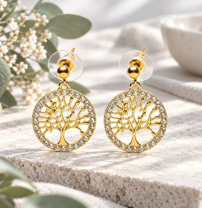 Boucles d’Oreilles Dorées Arbre de Vie